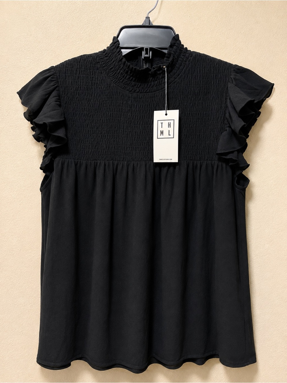 THML Black Smocked Yoke Ruffle Sleeve Top